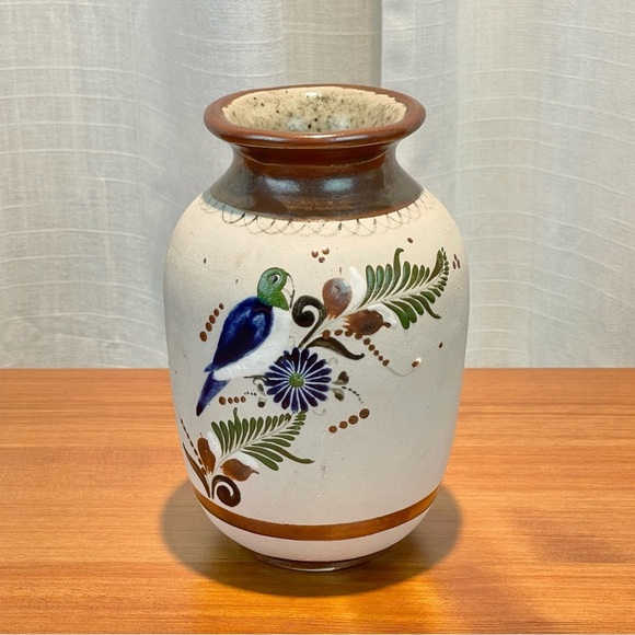 VTG Santana Tonala Art Pottery Vase 7" Tall Made in Mexico Painted Bird Floral - Picture 5 of 16